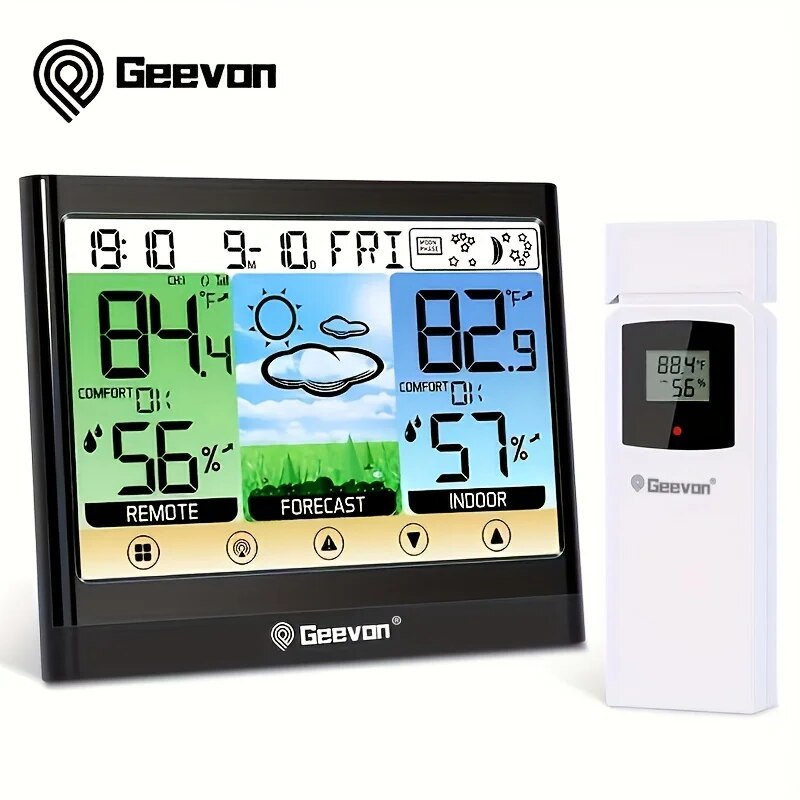Digital Hygrometer Probe - Geevon เครื่องวัดอุณหภูมิในร่มกลางแจ้งไร้สายสถานีสภาพอากาศจอแสดงผล LCD แบบสัมผัสพร้อมนาฬิกาปลุกแสงไฟแบบปรับได้